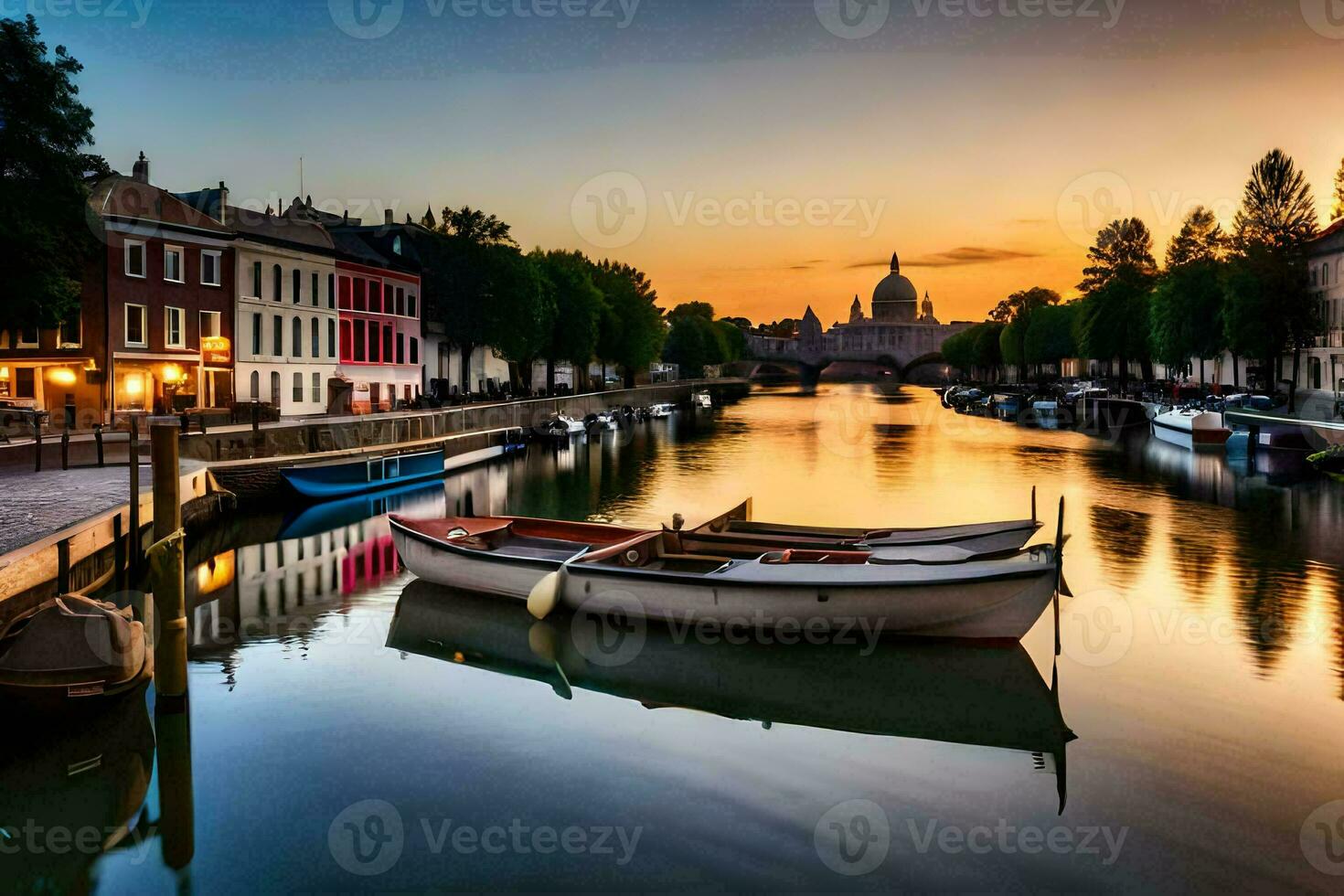 Boote sind angedockt im ein Kanal beim Sonnenuntergang. KI-generiert foto