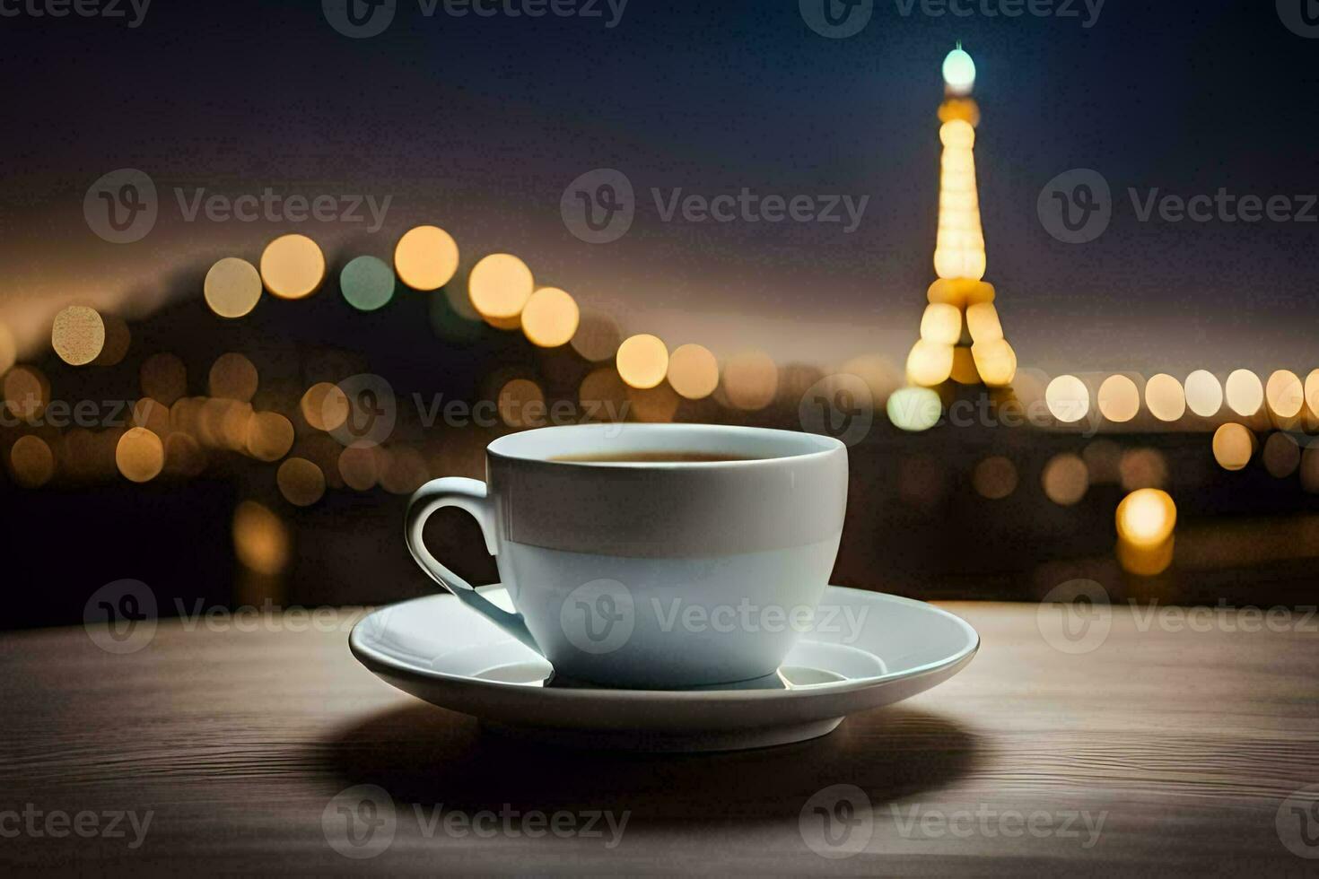 ein Tasse von Kaffee im Vorderseite von das Eiffel Turm. KI-generiert foto