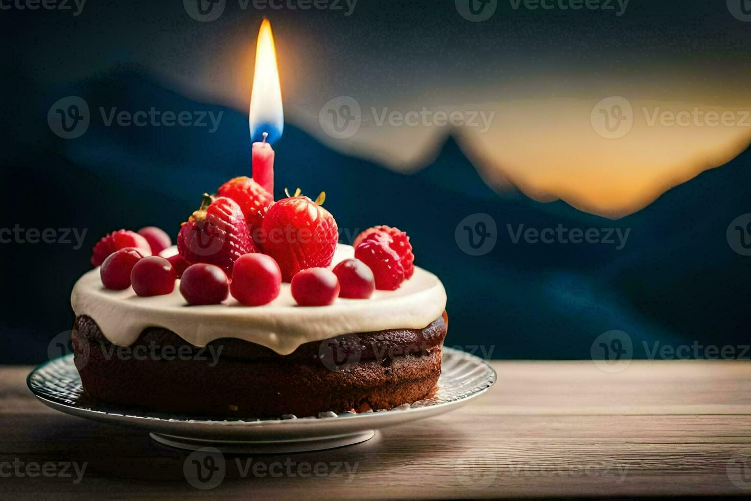 ein Geburtstag Kuchen mit ein Single Kerze auf oben. KI-generiert foto