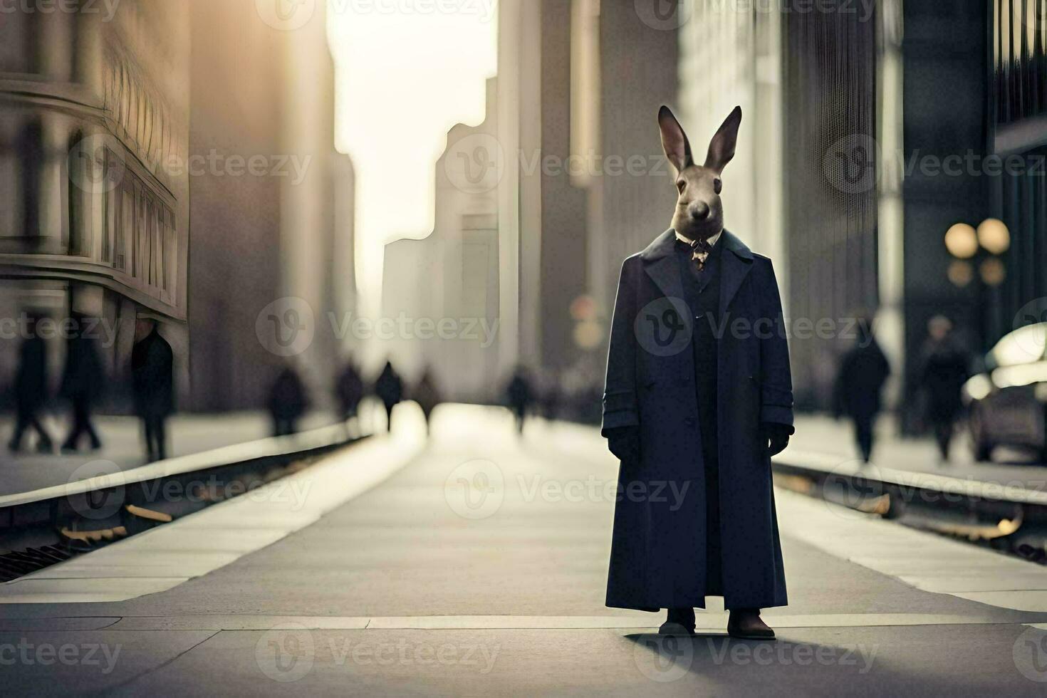 ein Hase im ein Mantel und Krawatte Stehen im das Mitte von ein Stadt Straße. KI-generiert foto