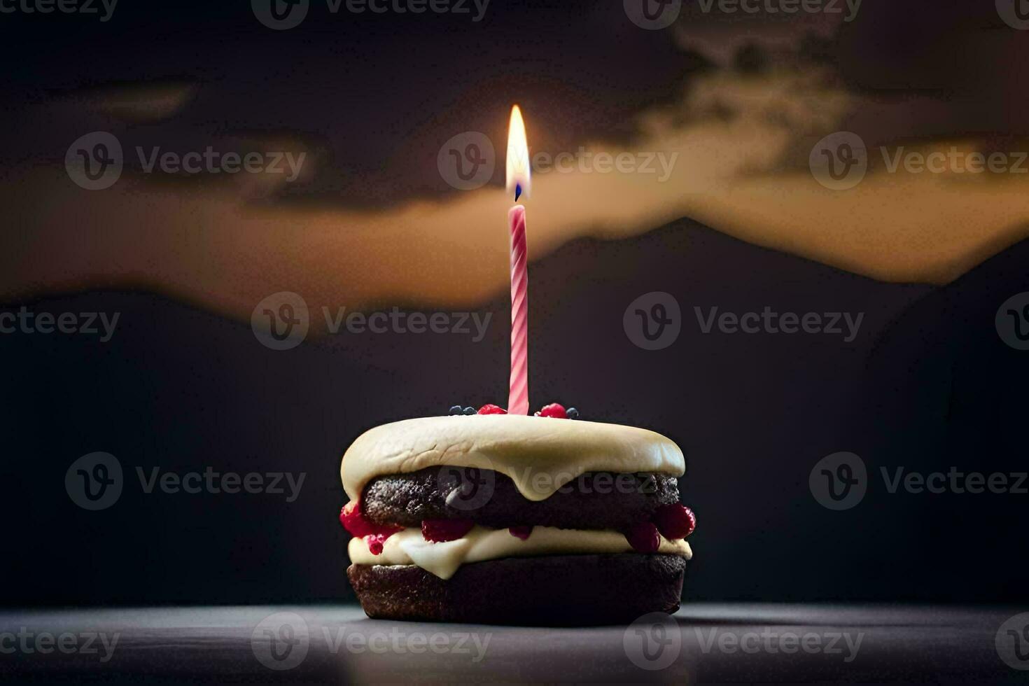 ein Schokolade Kuchen mit ein Single Kerze auf oben. KI-generiert foto