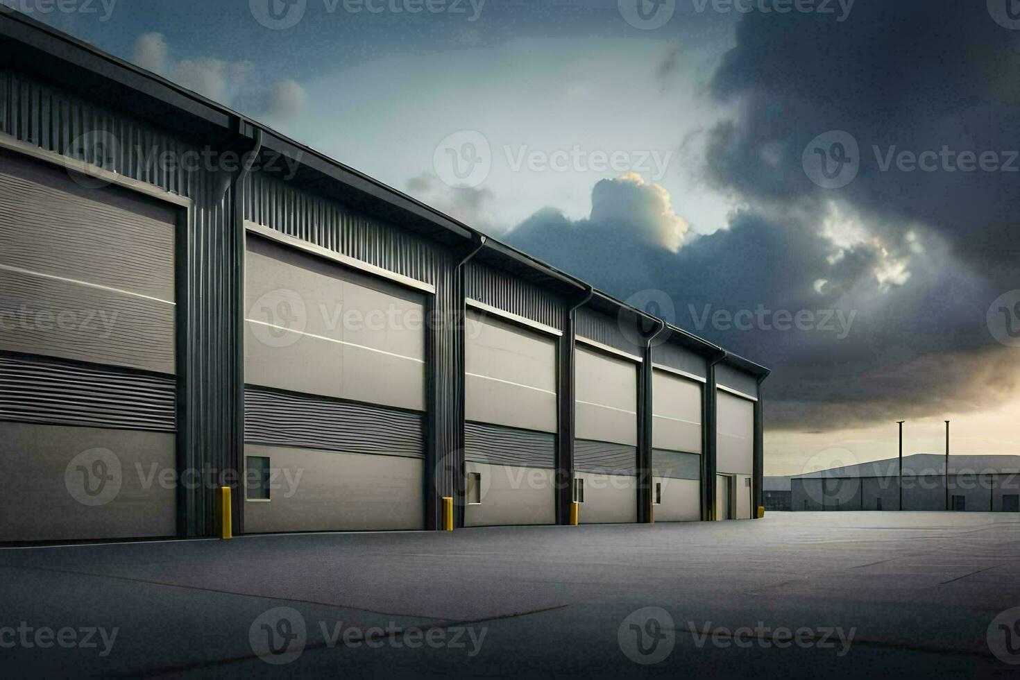 ein groß industriell Gebäude mit drei Garage Türen. KI-generiert foto