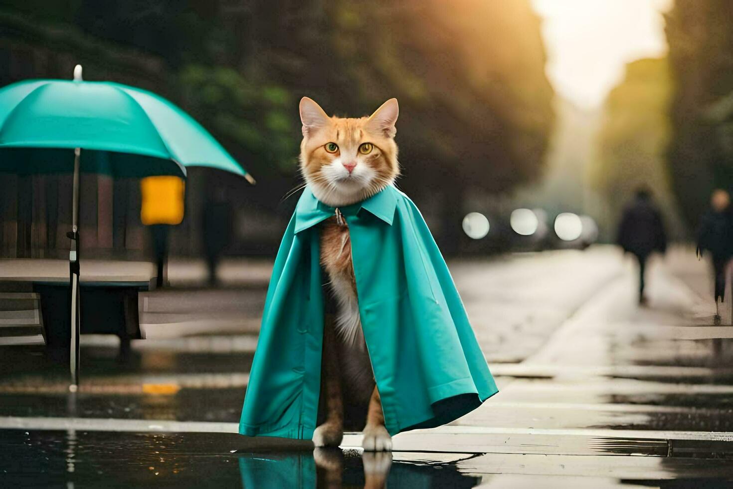 ein Katze im ein Grün Mantel Stehen auf ein nass Straße. KI-generiert foto