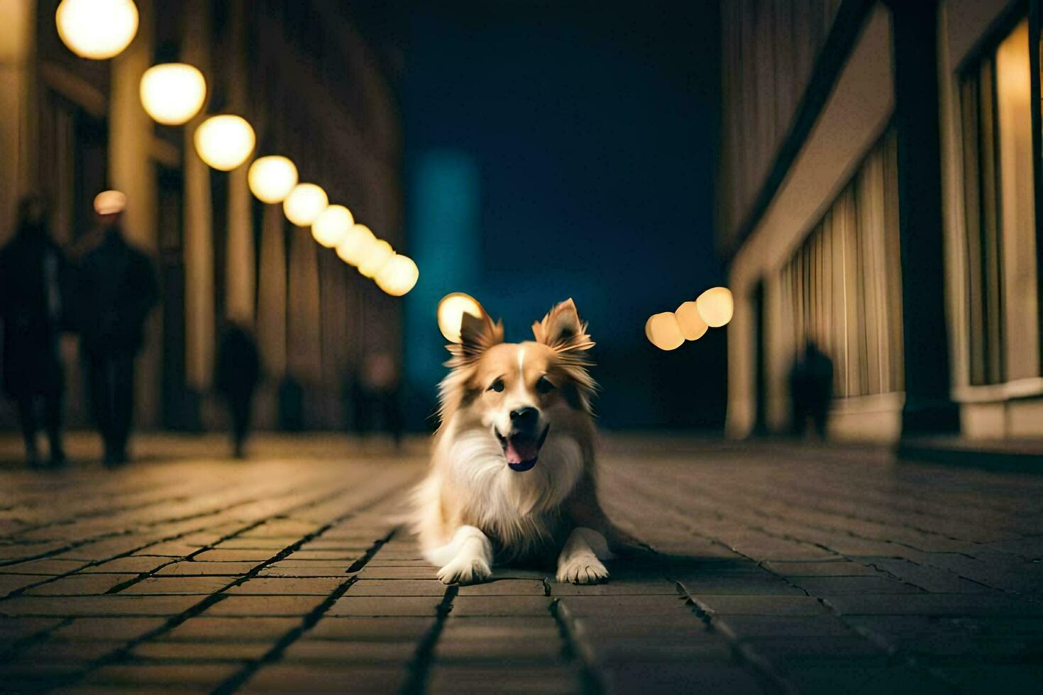 ein Hund Sitzung auf das Straße beim Nacht. KI-generiert foto