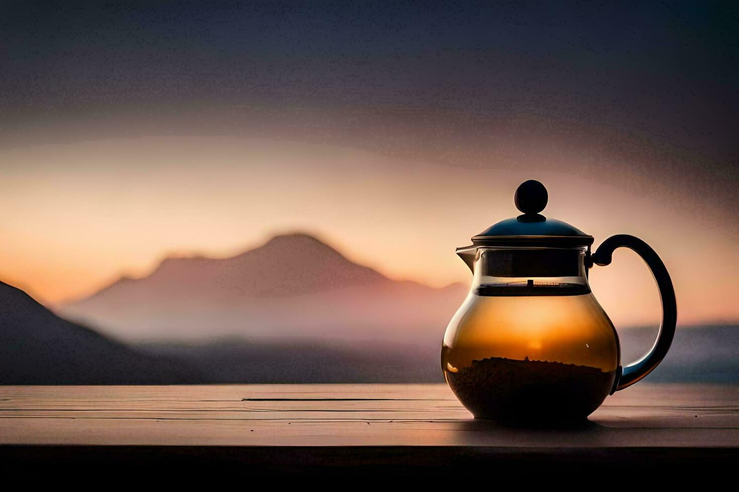 ein Tee Topf auf ein Tabelle im Vorderseite von ein Berg. KI-generiert foto