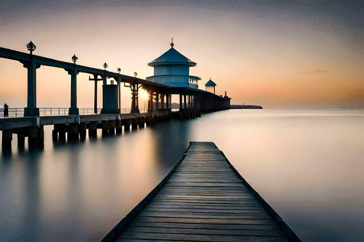 ein Seebrücke beim Sonnenuntergang mit ein lange Seebrücke. KI-generiert foto