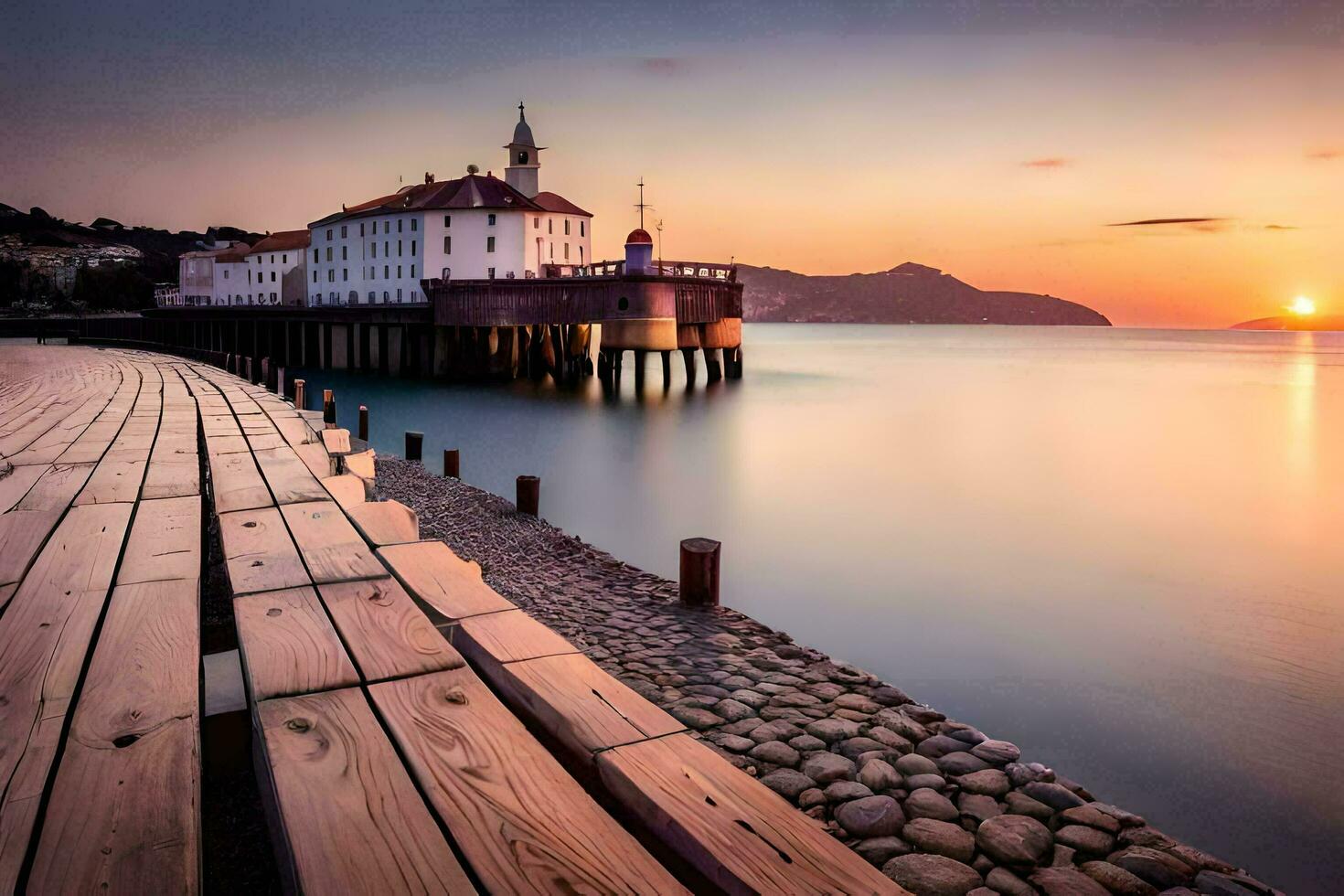 ein hölzern Seebrücke mit ein Gebäude im das Hintergrund. KI-generiert foto