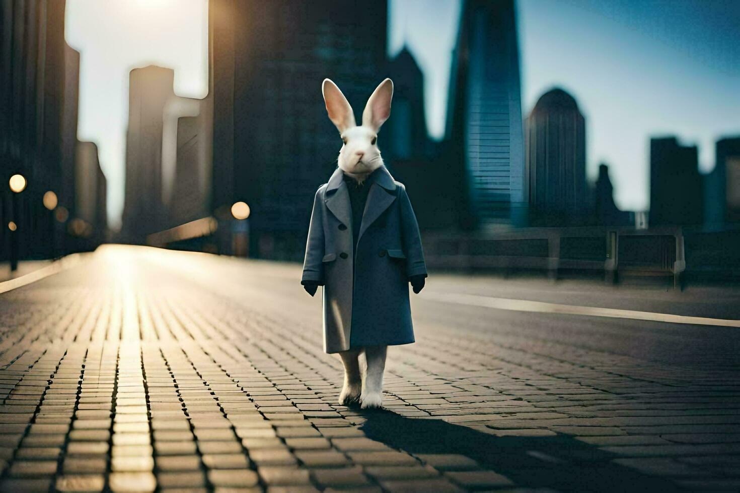 ein Hase tragen ein Mantel und Krawatte Stehen auf ein Straße. KI-generiert foto