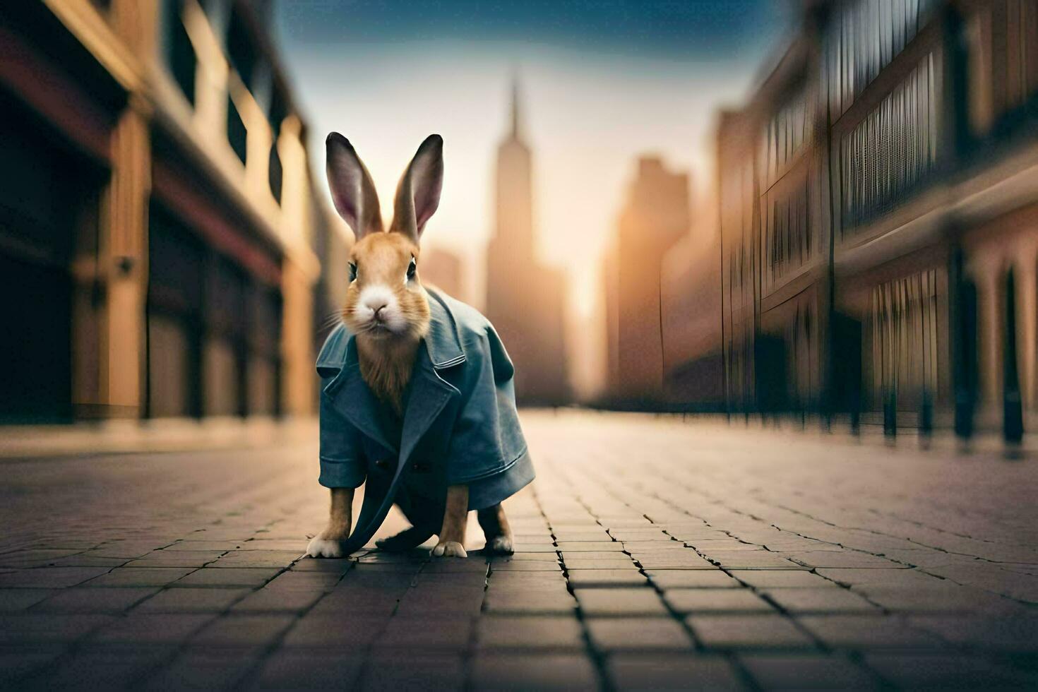 ein Hase im ein Mantel Stehen auf ein Straße. KI-generiert foto