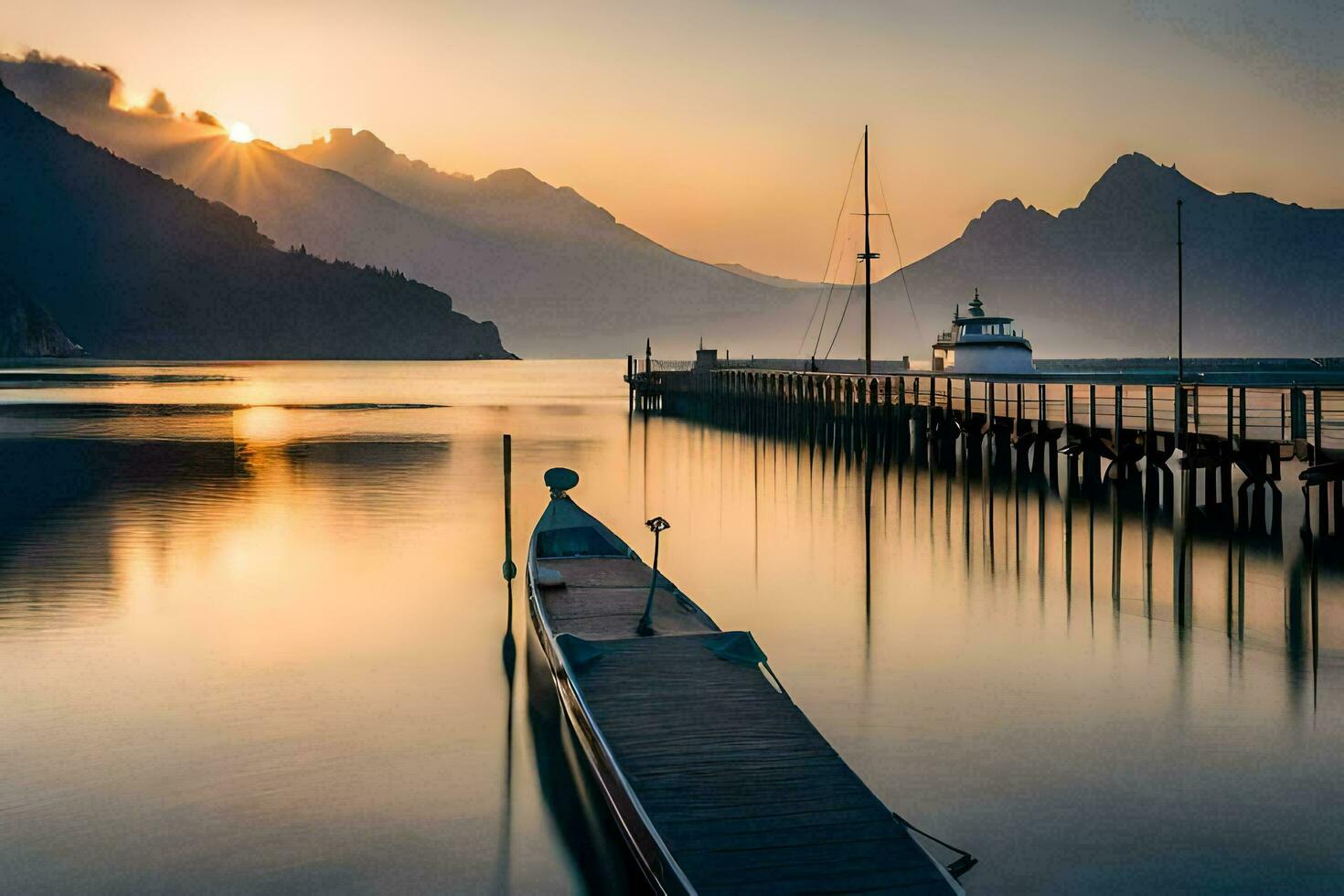 ein Boot angedockt beim das Seebrücke im Vorderseite von Berge. KI-generiert foto