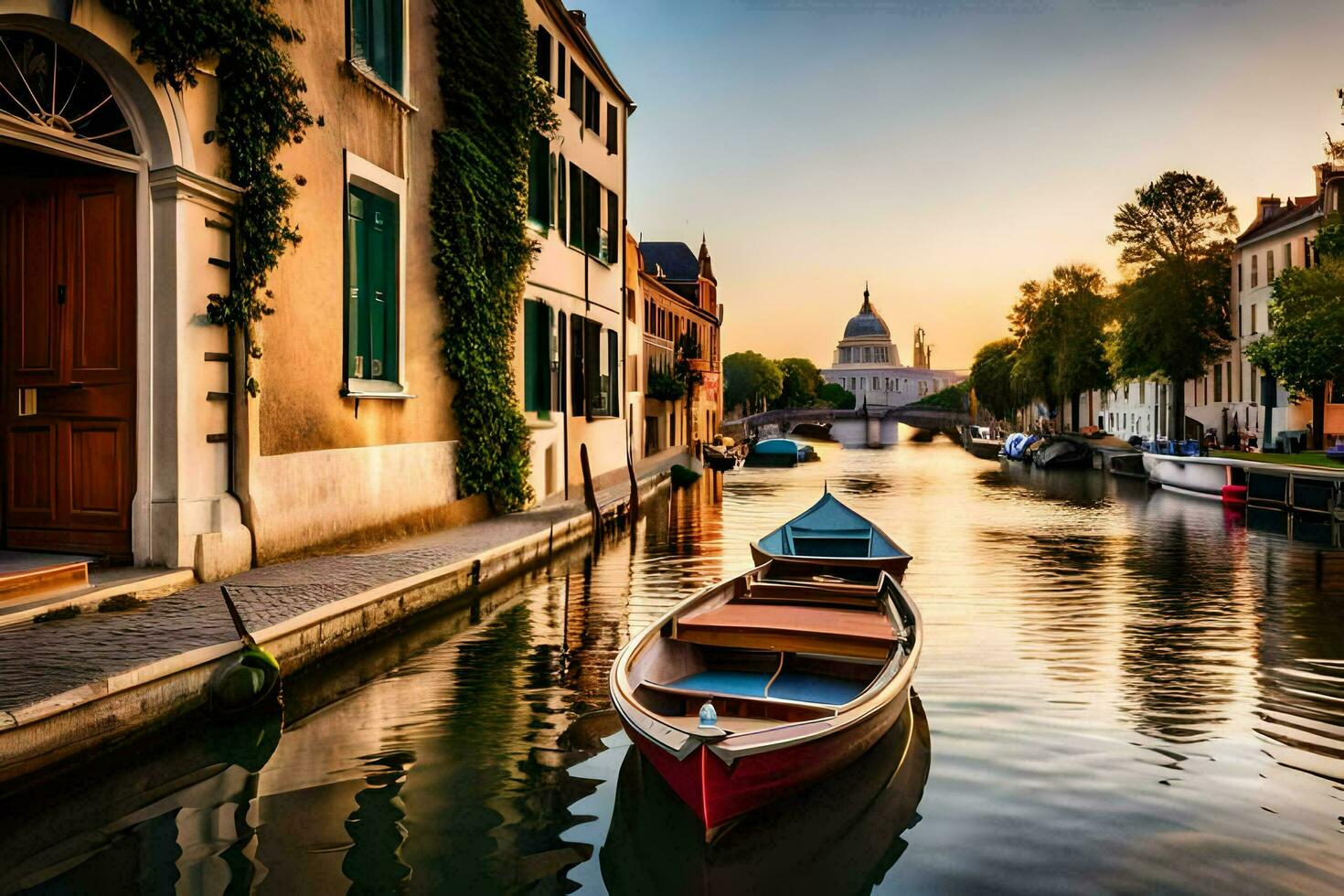 ein Boot ist angedockt im ein Kanal beim Sonnenuntergang. KI-generiert foto