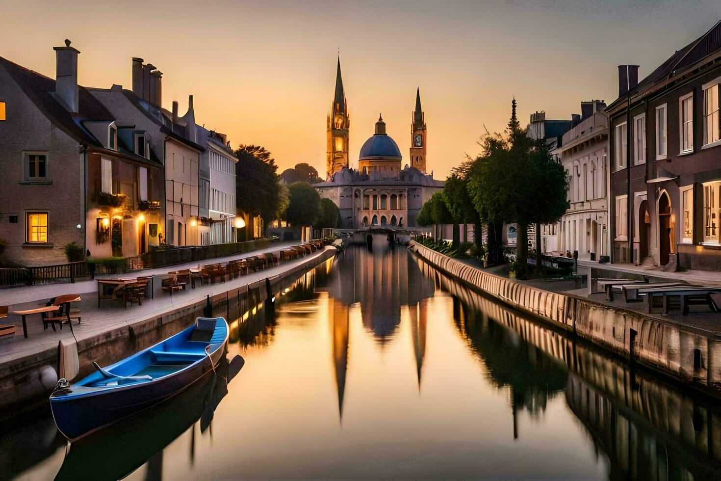 ein Kanal im das Mitte von ein Stadt mit Gebäude und ein Kirche. KI-generiert foto