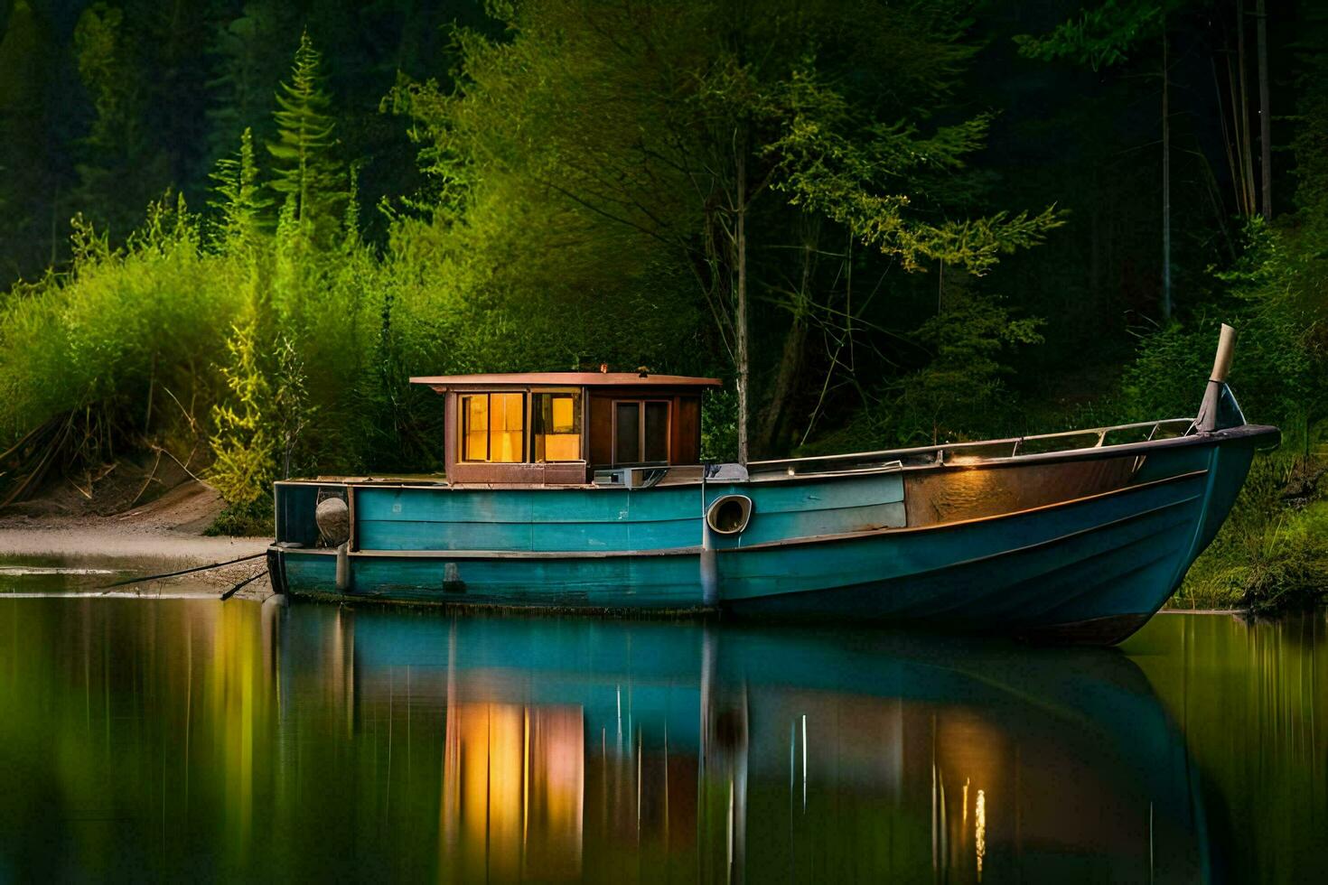 ein Boot sitzt auf das Ufer von ein Fluss beim Nacht. KI-generiert foto