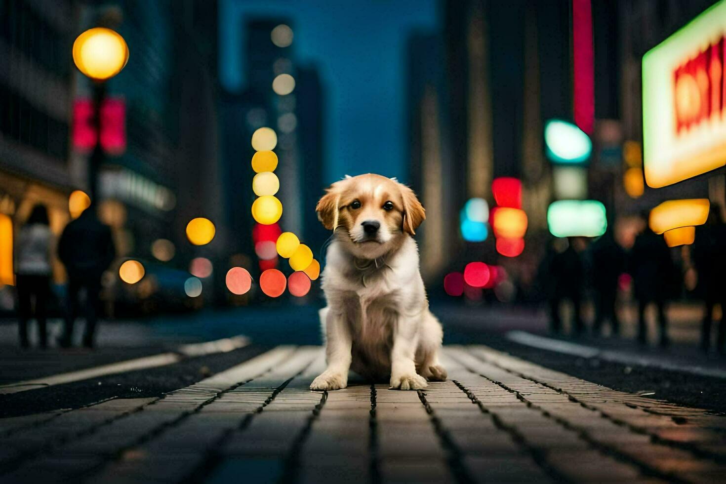 ein Hündchen sitzt auf das Straße im Vorderseite von ein Stadt beim Nacht. KI-generiert foto