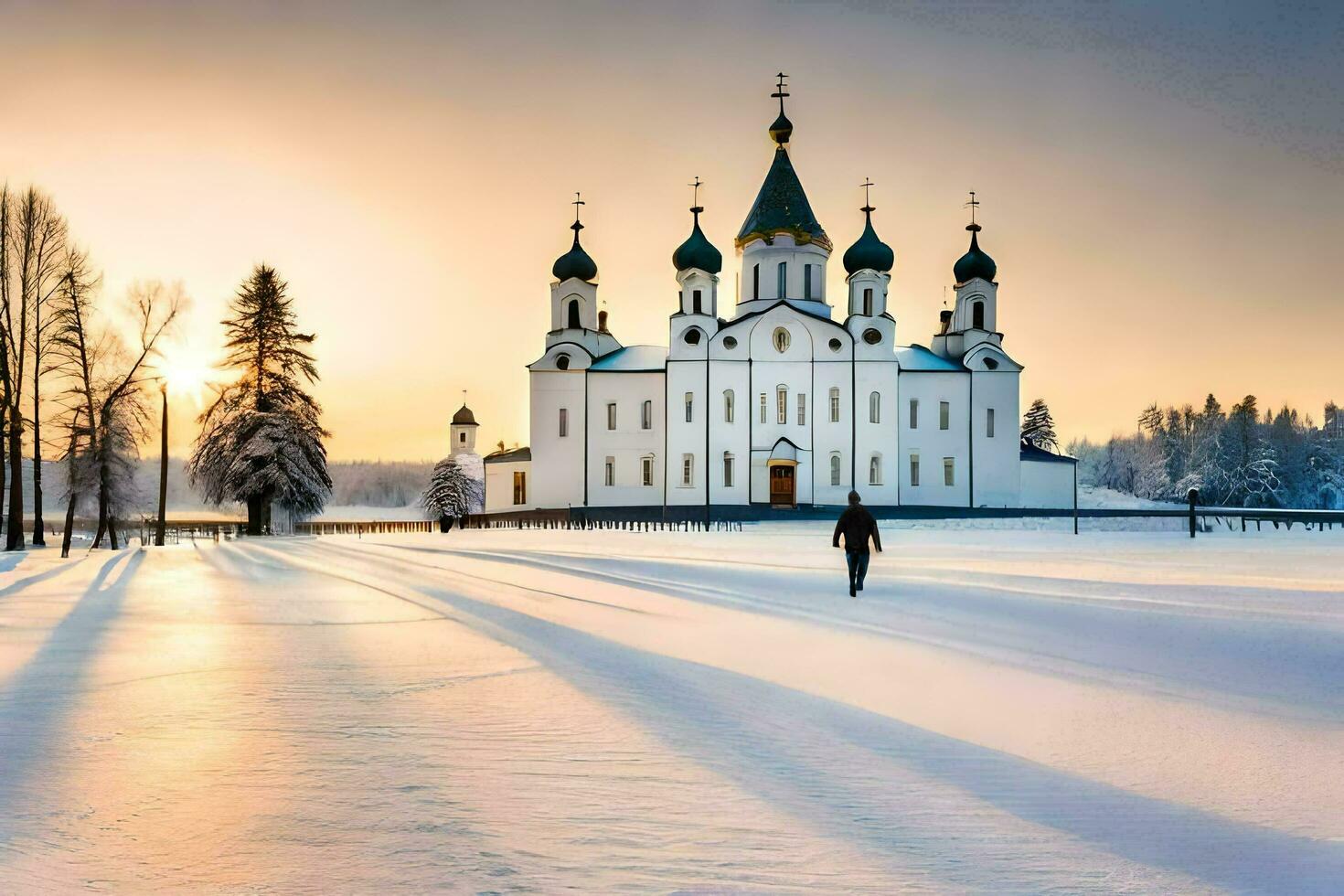 ein Person Gehen im das Schnee in der Nähe von ein Kirche. KI-generiert foto