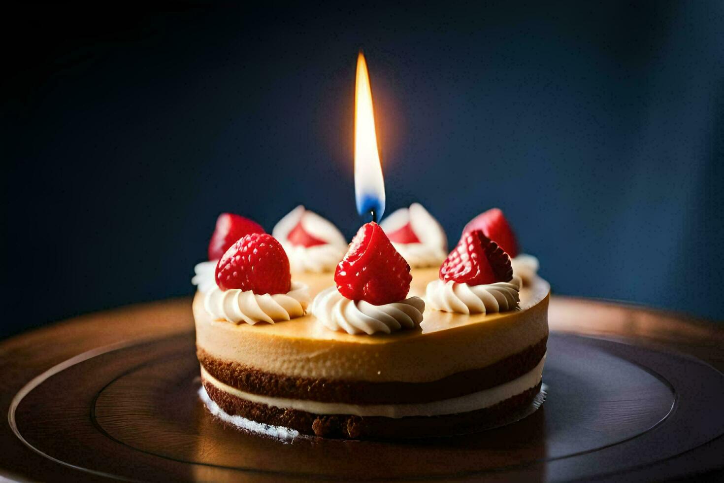 ein klein Kuchen mit Erdbeeren und ein Kerze. KI-generiert foto