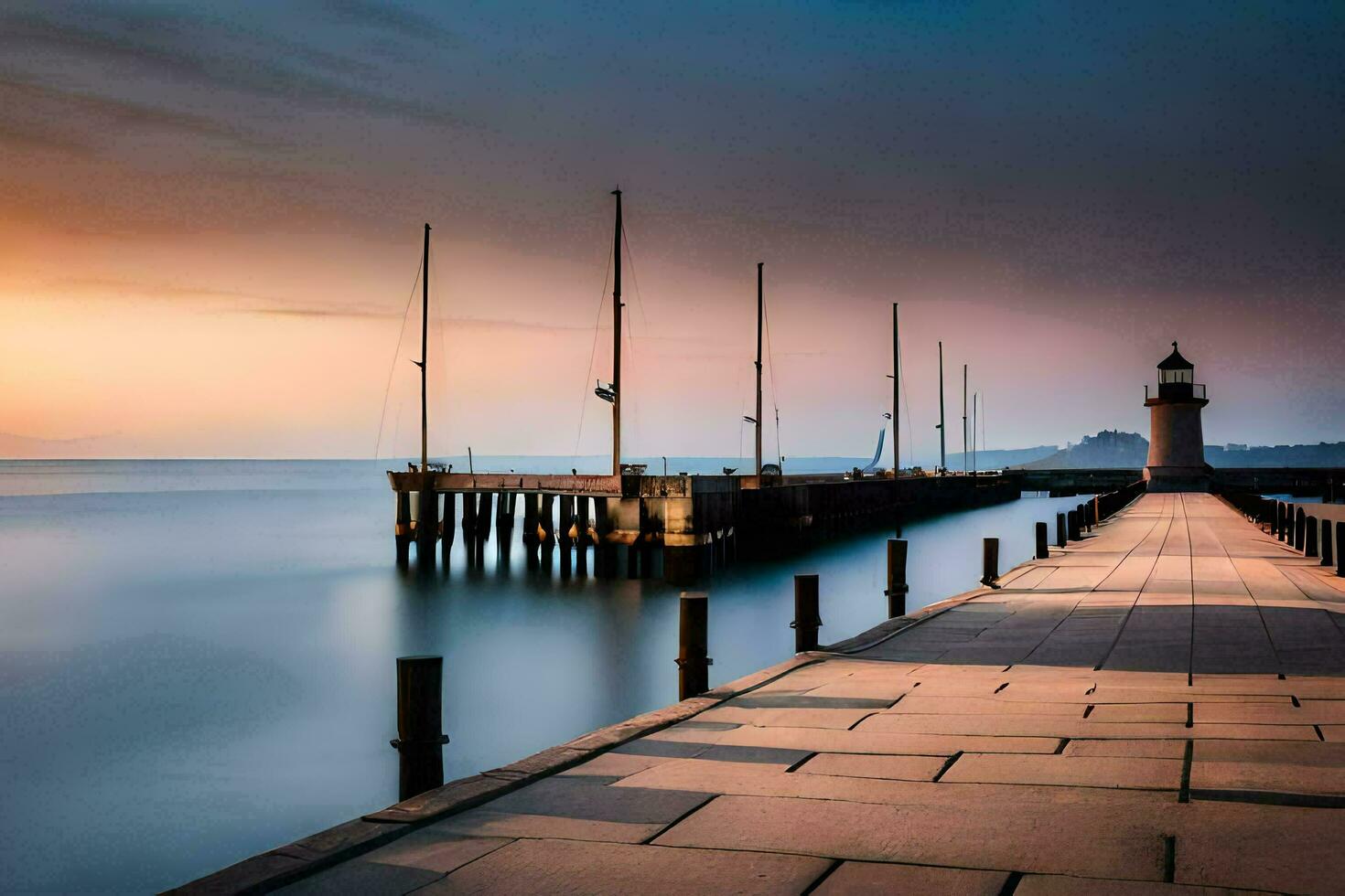 ein lange Seebrücke mit ein Leuchtturm beim Sonnenuntergang. KI-generiert foto