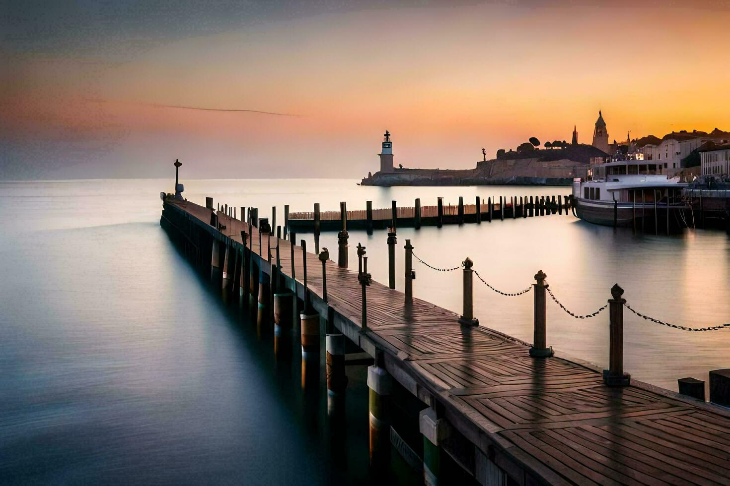 ein Seebrücke mit ein Leuchtturm beim Sonnenuntergang. KI-generiert foto