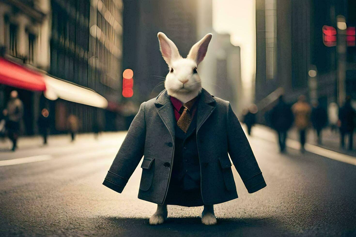 ein Hase gekleidet im ein passen und Krawatte Stehen auf ein Stadt Straße. KI-generiert foto