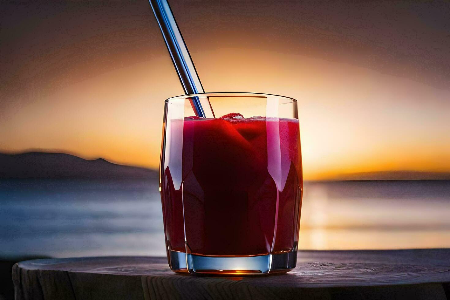 ein Glas von Saft mit ein Stroh Sitzung auf ein hölzern Tisch. KI-generiert foto