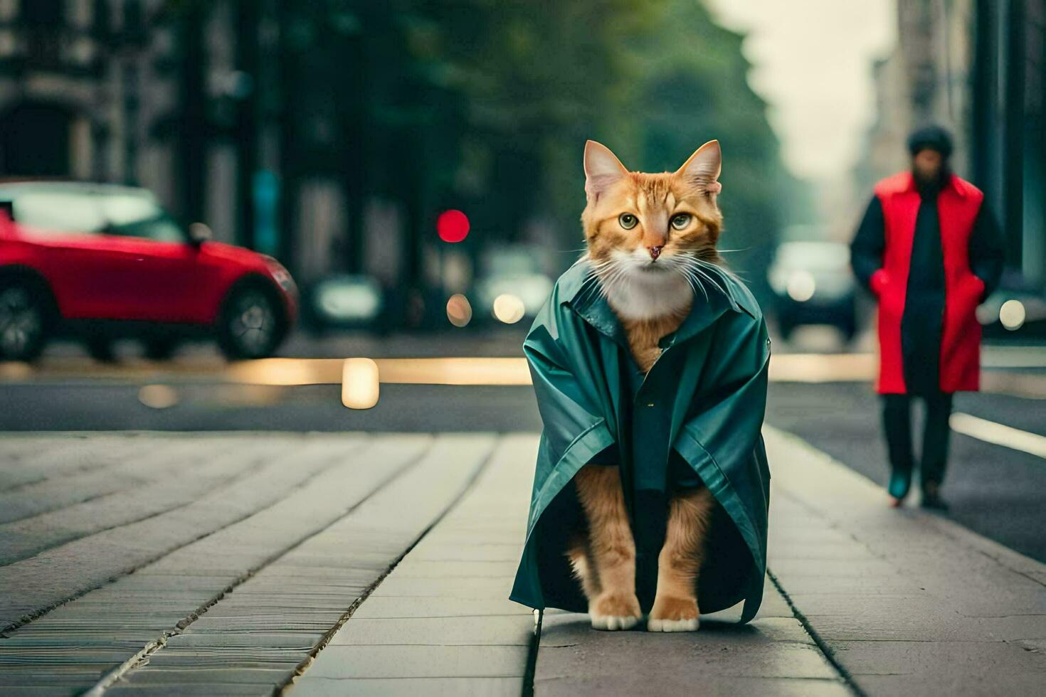 ein Katze im ein Mantel auf das Straße. KI-generiert foto