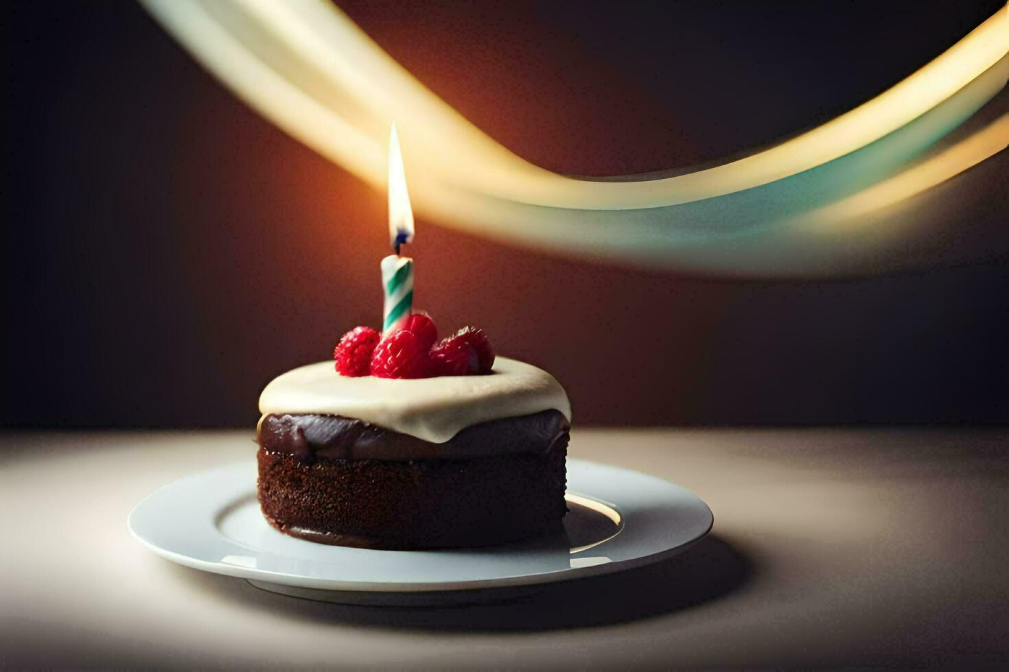 ein Schokolade Kuchen mit ein Single Kerze auf oben. KI-generiert foto