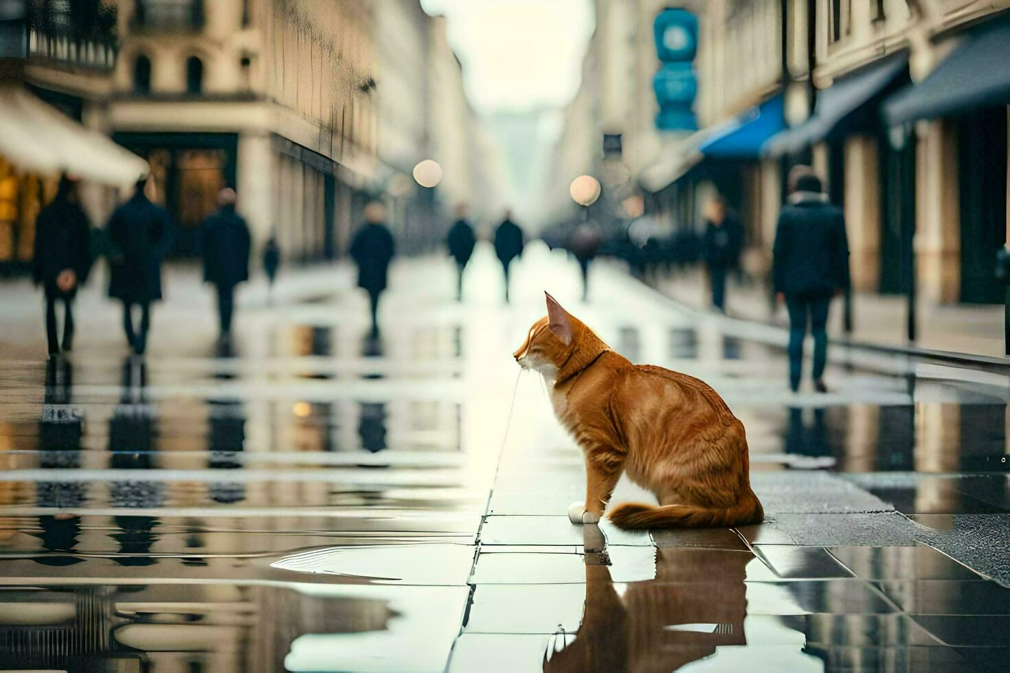 ein Katze Sitzung auf das Boden im das Regen. KI-generiert foto