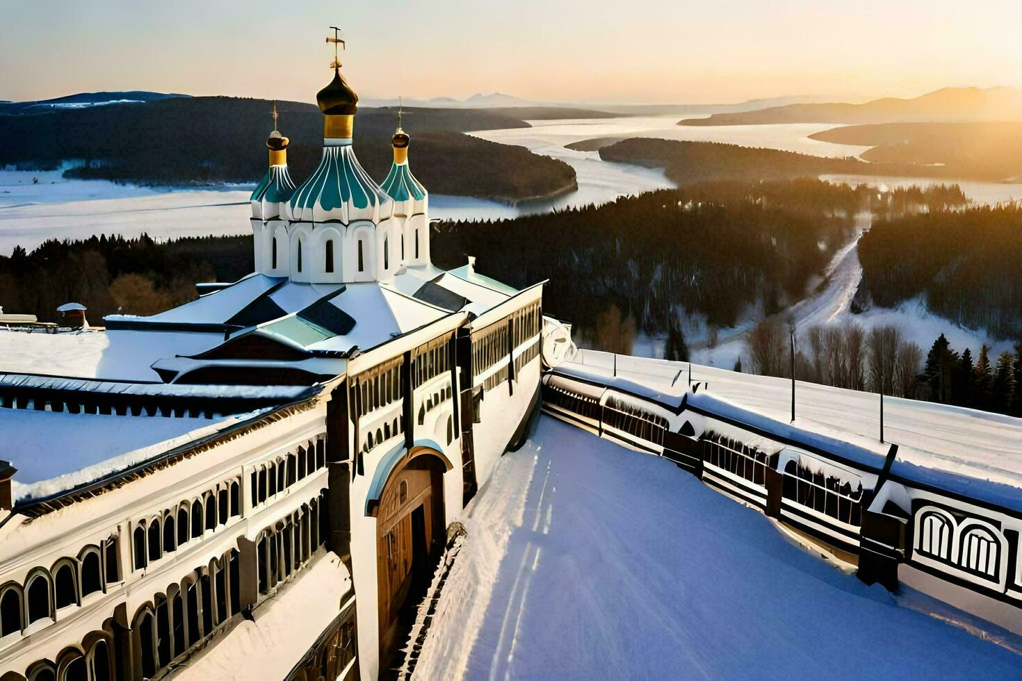 das Sonne setzt Über ein schneebedeckt Berg mit ein Kirche. KI-generiert foto