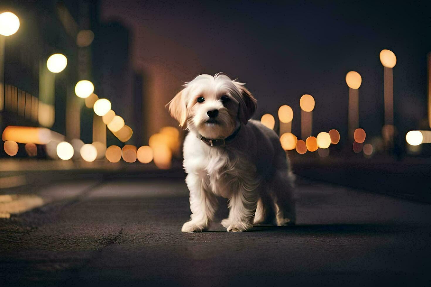 ein klein Hund Stehen auf das Straße beim Nacht. KI-generiert foto