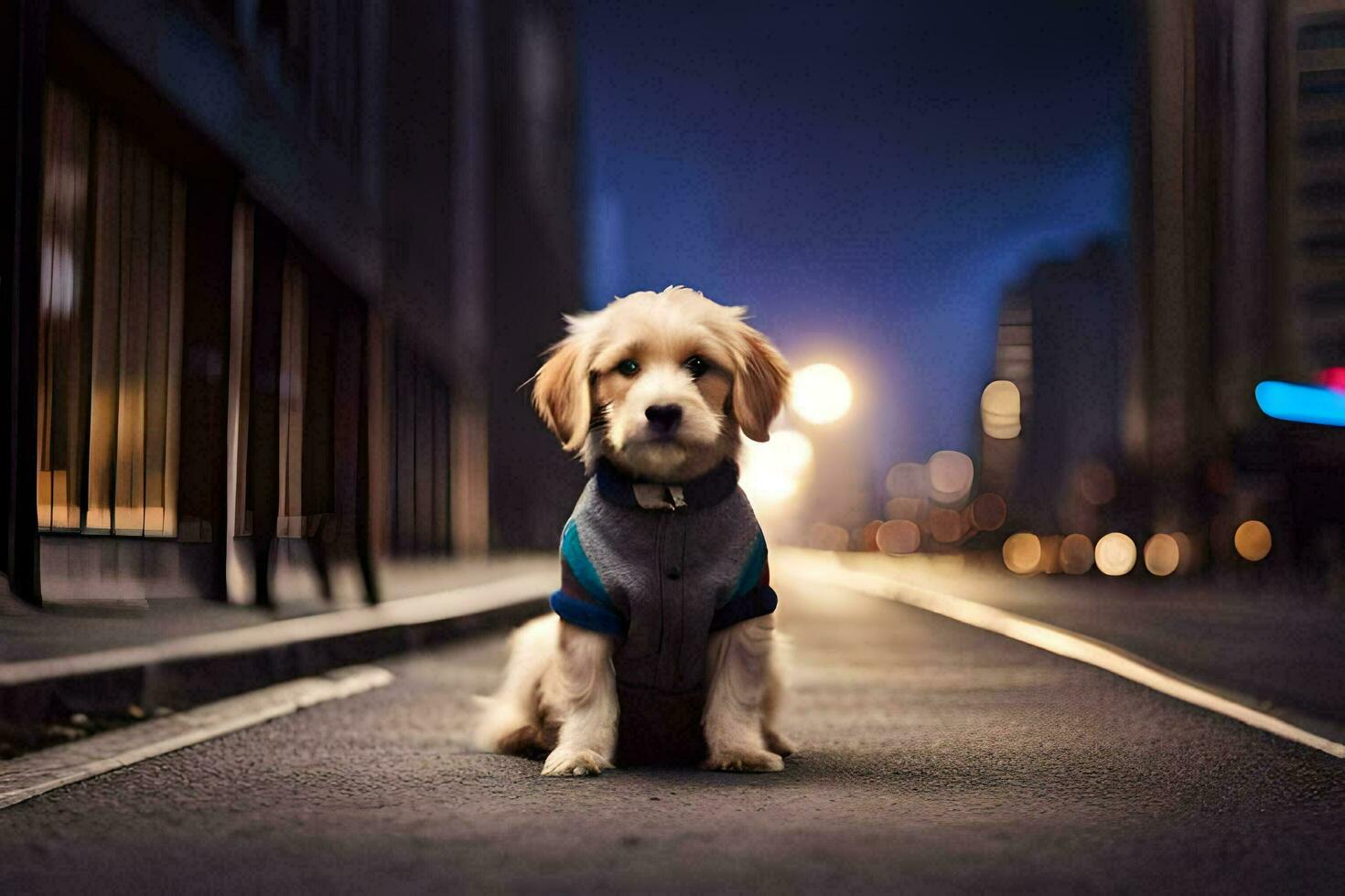 ein Hund tragen ein Sweatshirt sitzt auf das Straße beim Nacht. KI-generiert foto