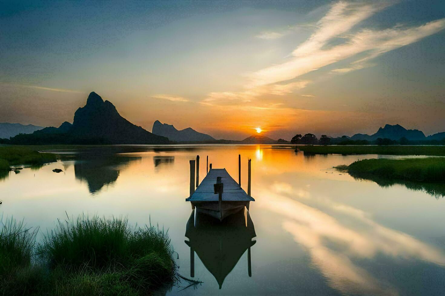 ein Boot ist angedockt im das Mitte von ein See beim Sonnenuntergang. KI-generiert foto