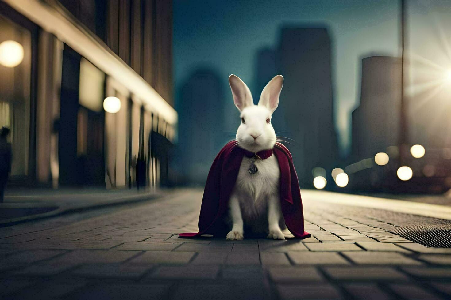 ein Hase gekleidet wie ein Superheld sitzt auf das Straße. KI-generiert foto