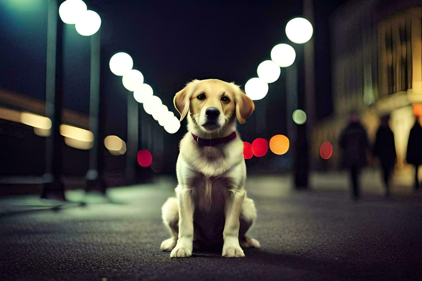 ein Hund Sitzung auf das Straße beim Nacht. KI-generiert foto