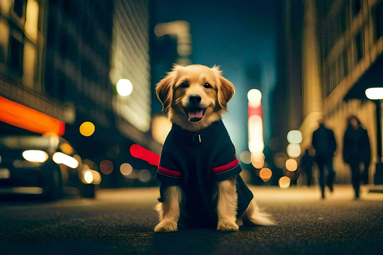 ein Hund tragen ein Jacke Sitzung auf das Straße beim Nacht. KI-generiert foto