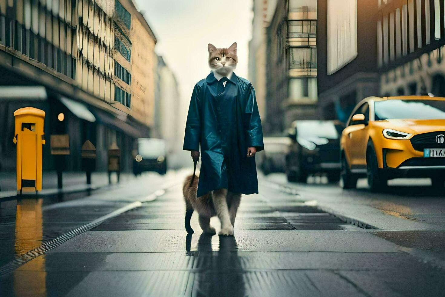 ein Katze im ein Regenjacke Gehen Nieder ein Straße. KI-generiert foto