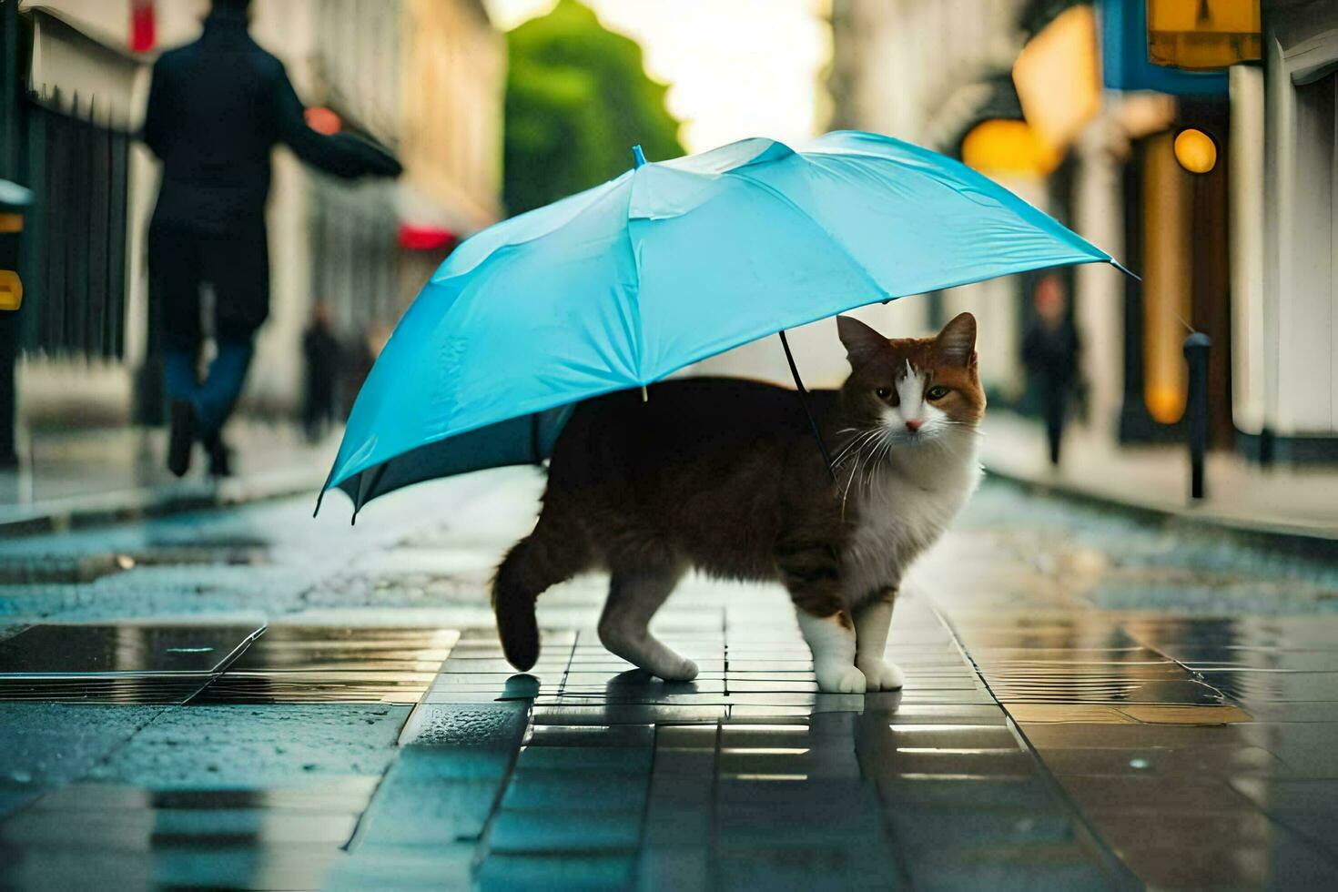 ein Katze Gehen auf ein nass Straße mit ein Regenschirm. KI-generiert foto