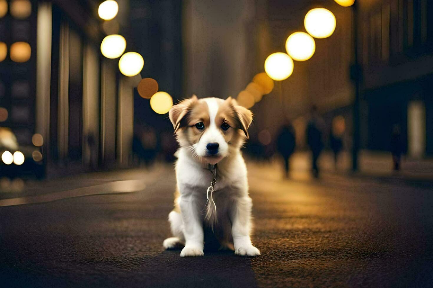 ein Hündchen Sitzung auf das Straße beim Nacht. KI-generiert foto