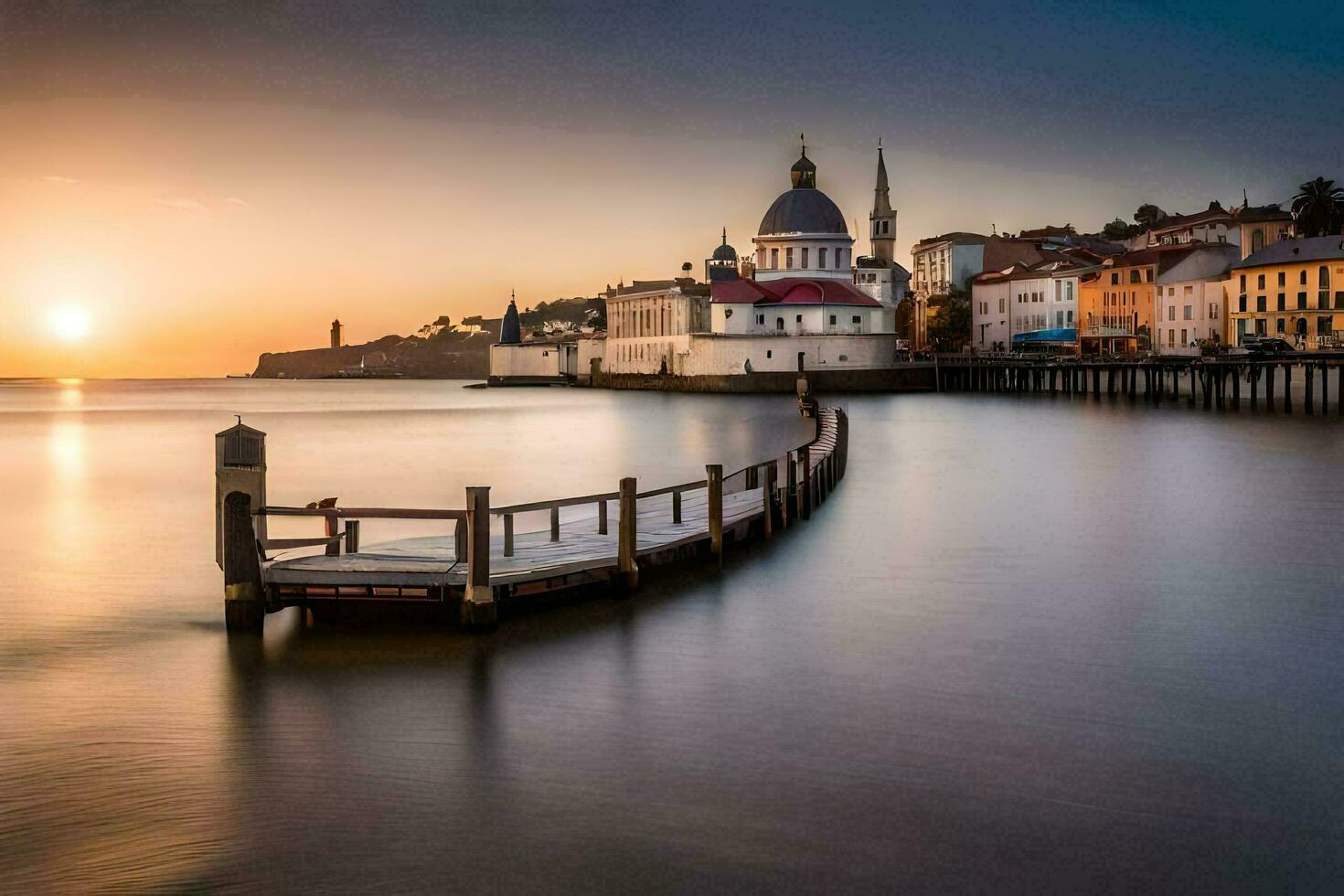 das Sonne setzt Über ein Seebrücke im das Wasser. KI-generiert foto