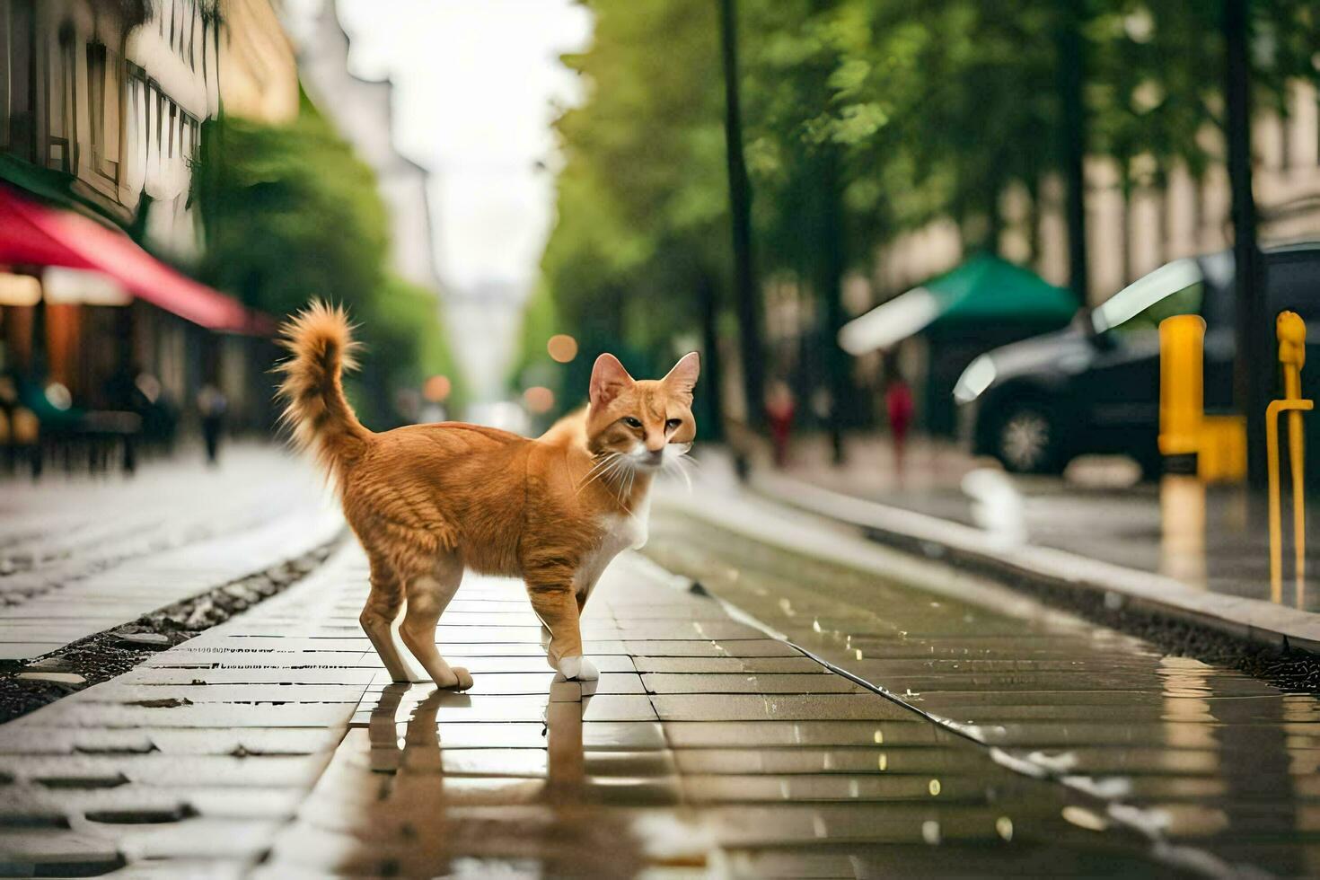 ein Orange Katze Gehen auf ein nass Straße. KI-generiert foto