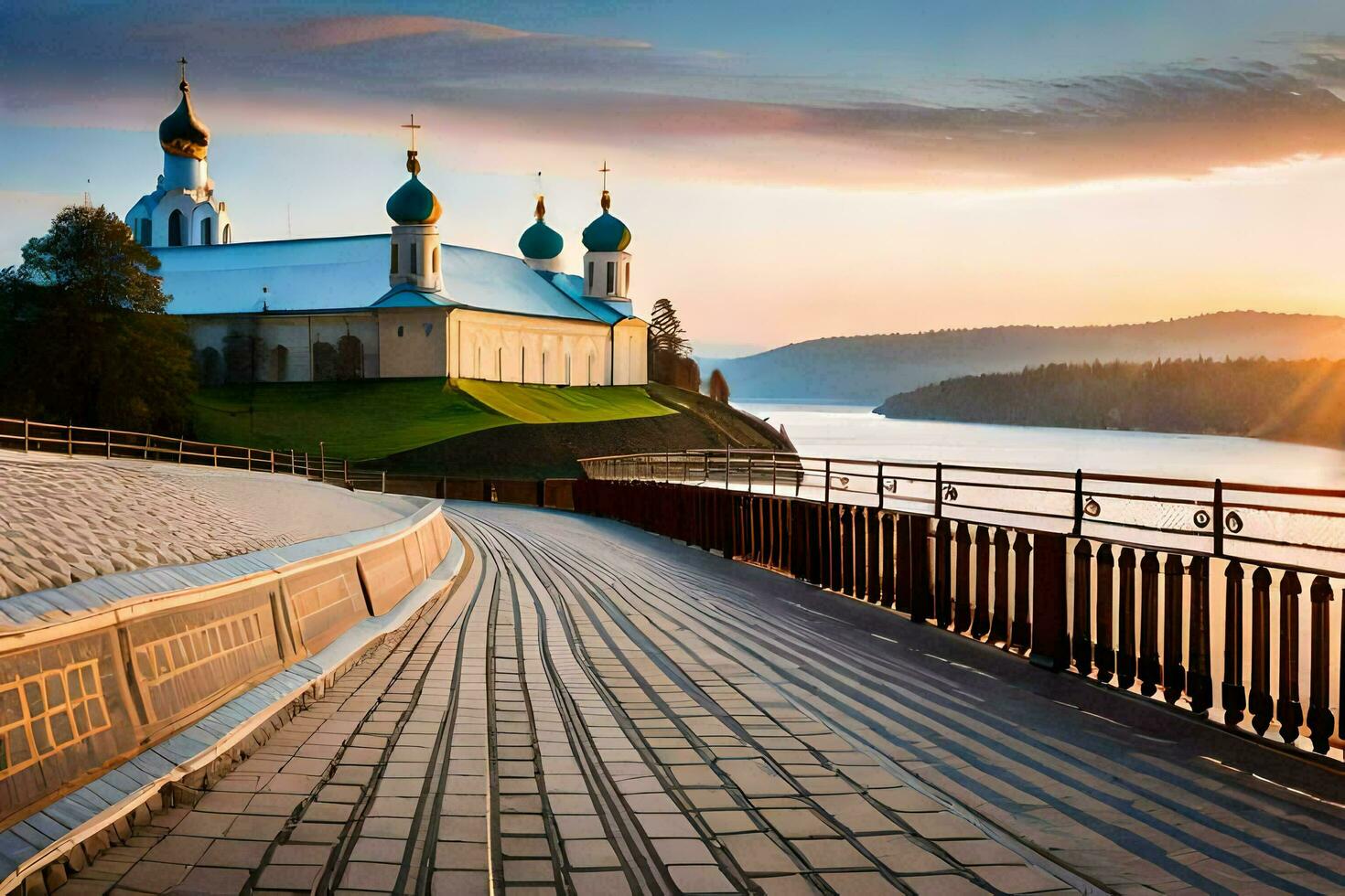 ein Gehweg entlang das Fluss mit ein Kirche im das Hintergrund. KI-generiert foto