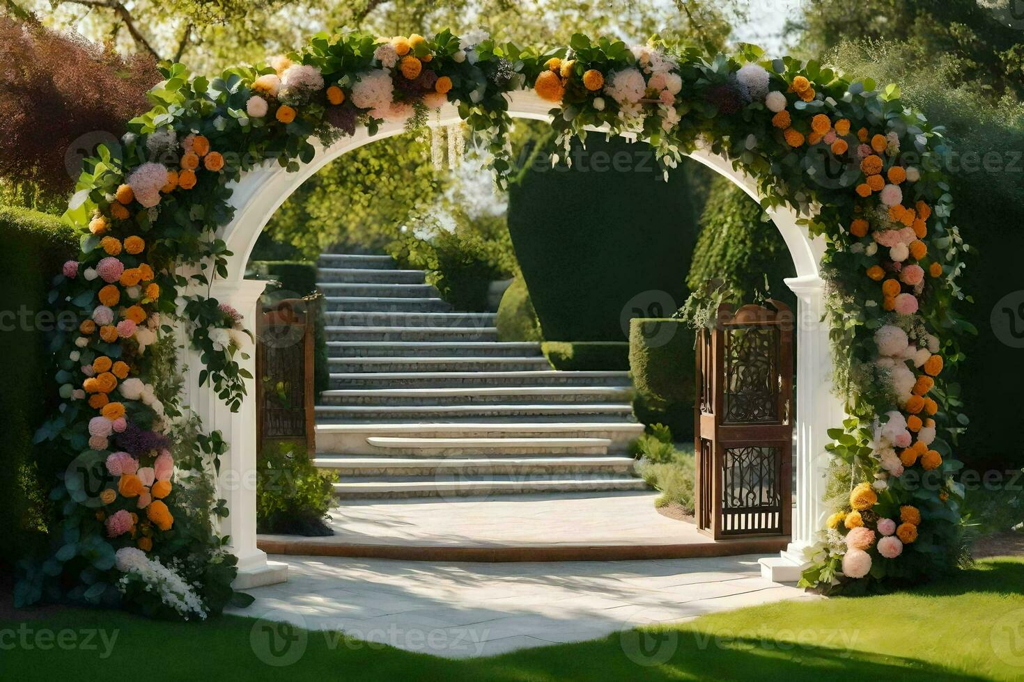 ein Torbogen mit Blumen und Orangen auf Es. KI-generiert foto