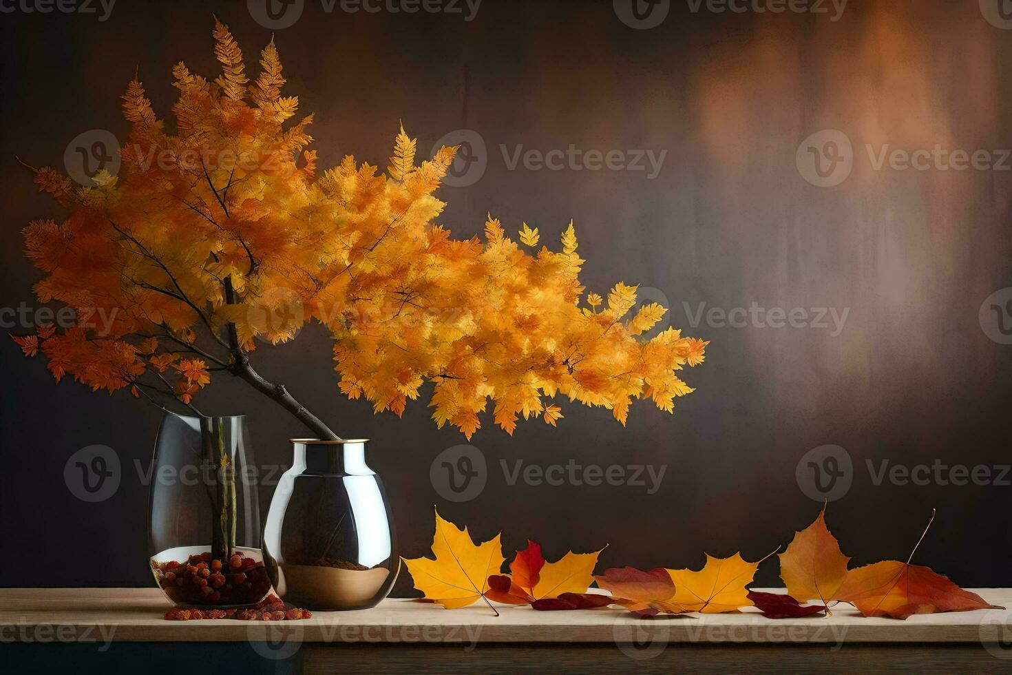 Herbst Blätter im ein Vase und ein Vase mit Blätter. KI-generiert foto