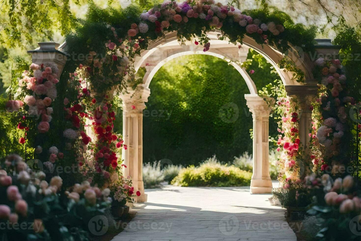 ein Torbogen mit Blumen und Grün. KI-generiert foto