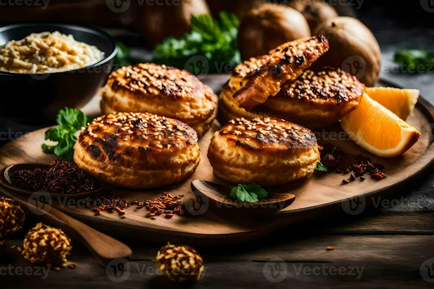 gebacken Gebäck mit Sesam Saat und Gewürze auf ein hölzern Schneiden Tafel. KI-generiert foto