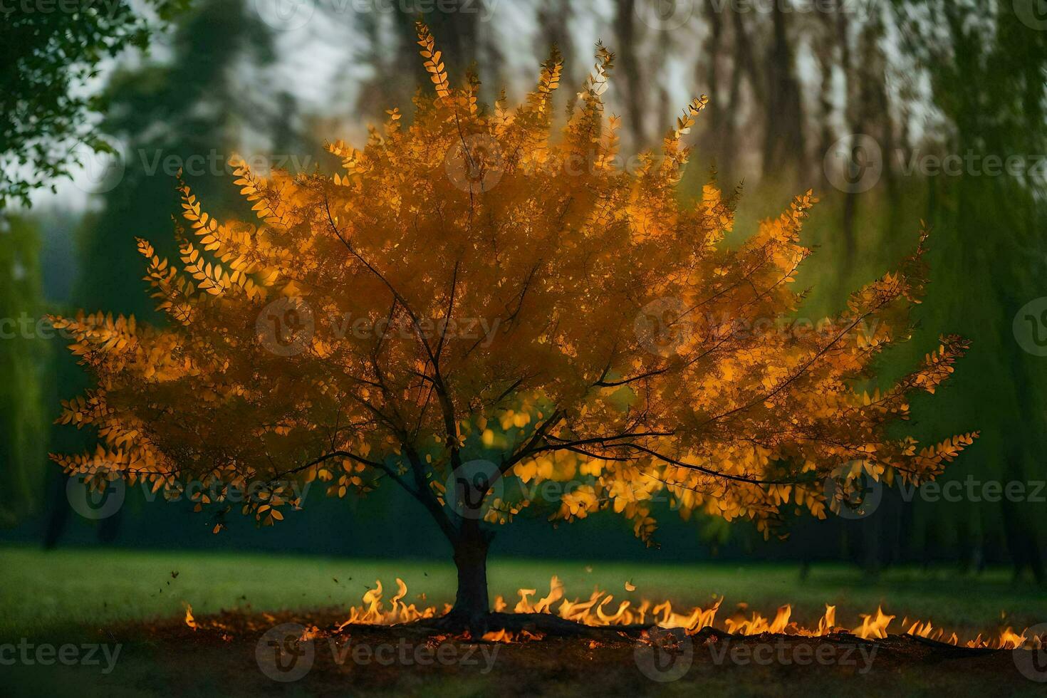 ein Baum mit Orange Blätter im das Mitte von ein Feld. KI-generiert foto