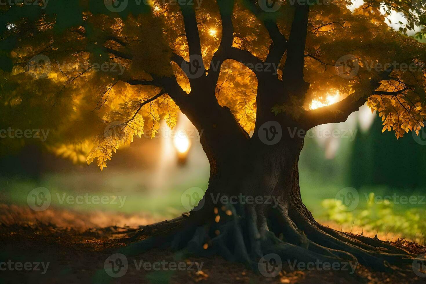 ein Baum mit das Sonne leuchtenden durch Es. KI-generiert foto