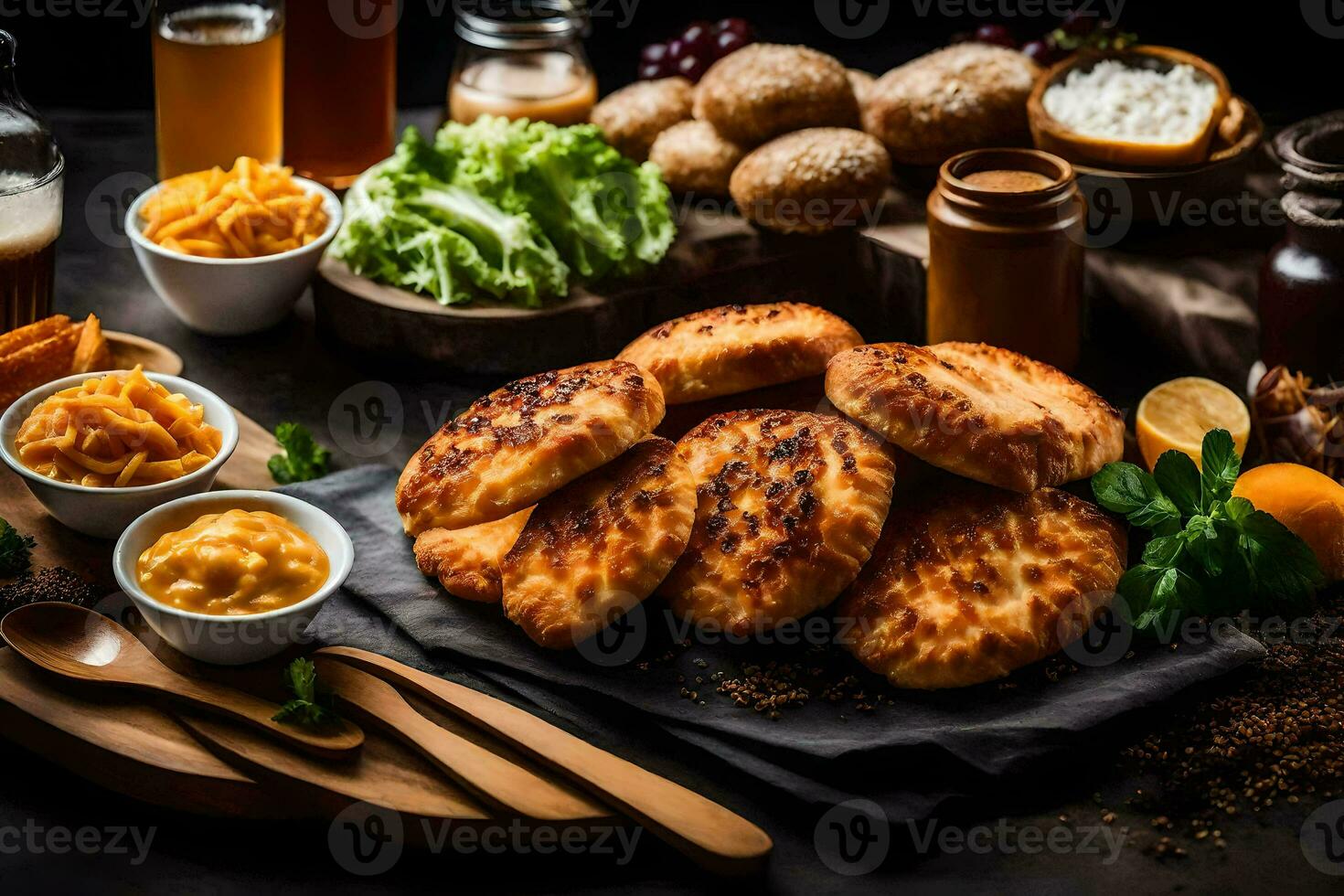 ein Vielfalt von Essen auf ein Tisch. KI-generiert foto