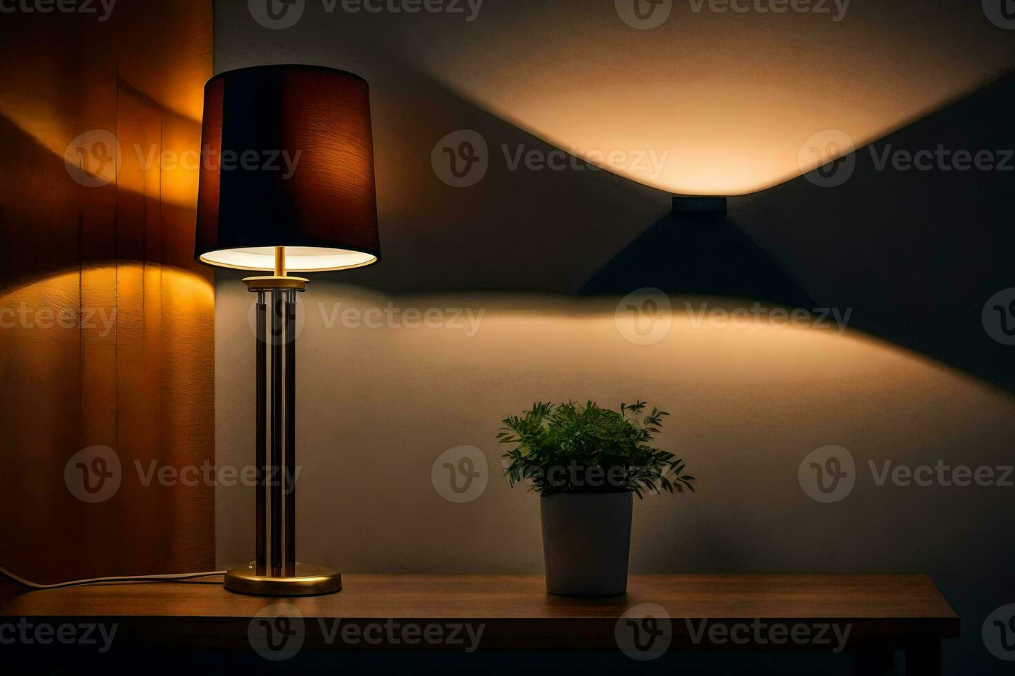 ein Lampe auf ein Tabelle Nächster zu ein Pflanze. KI-generiert foto