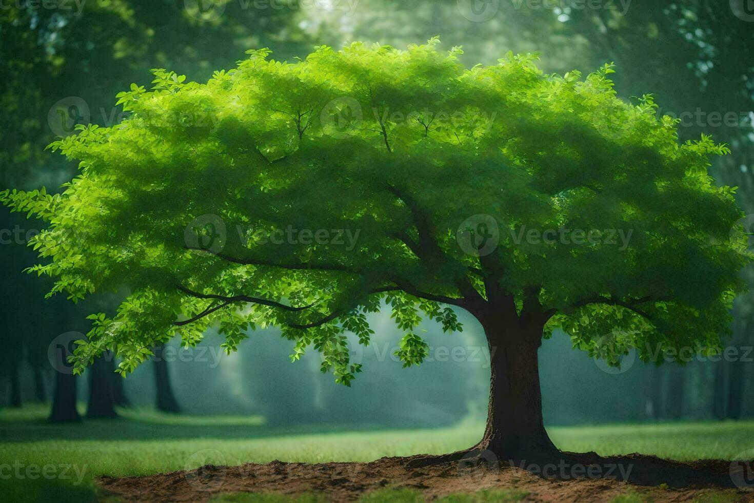 ein Baum ist gezeigt im das Mitte von ein Grün Feld. KI-generiert foto