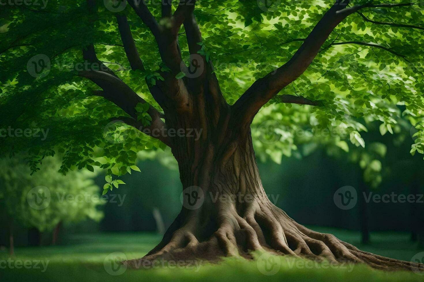 ein Baum mit Wurzeln im das Gras. KI-generiert foto